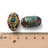 Handmade Tibetan Style Beads, with Brass Findings and Synthetic Turquoise, Antique Golden, Barrel, 21.5~25x14~16mm, Hole: 2~2.5mm, 5pc/Set