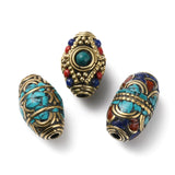 Handmade Tibetan Style Beads, with Brass Findings and Synthetic Turquoise, Antique Golden, Barrel, 21.5~25x14~16mm, Hole: 2~2.5mm, 5pc/Set