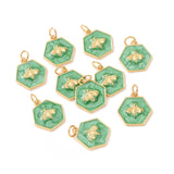 Rack Plating Brass Enamel Pendants, with Jump Ring, Cadmium Free & Nickel Free & Lead Free, Real 18K Gold Plated, Hexagon with Bee, Sea Green, 15x14x2.5mm, Hole: 3.6mm, 10pc/Set