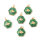 Rack Plating Brass Enamel Pendants, with Jump Ring, Cadmium Free & Nickel Free & Lead Free, Real 18K Gold Plated, Hexagon with Bee, Sea Green, 15x14x2.5mm, Hole: 3.6mm, 10pc/Set