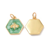 Rack Plating Brass Enamel Pendants, with Jump Ring, Cadmium Free & Nickel Free & Lead Free, Real 18K Gold Plated, Hexagon with Bee, Sea Green, 15x14x2.5mm, Hole: 3.6mm, 10pc/Set