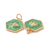 Rack Plating Brass Enamel Pendants, with Jump Ring, Cadmium Free & Nickel Free & Lead Free, Real 18K Gold Plated, Hexagon with Bee, Sea Green, 15x14x2.5mm, Hole: 3.6mm, 10pc/Set