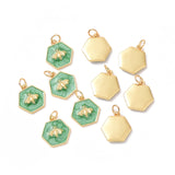 Rack Plating Brass Enamel Pendants, with Jump Ring, Cadmium Free & Nickel Free & Lead Free, Real 18K Gold Plated, Hexagon with Bee, Sea Green, 15x14x2.5mm, Hole: 3.6mm, 10pc/Set