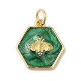 Rack Plating Brass Enamel Pendants, with Jump Ring, Cadmium Free & Nickel Free & Lead Free, Real 18K Gold Plated, Hexagon with Bee, Sea Green, 15x14x2.5mm, Hole: 3.6mm, 10pc/Set