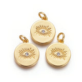 Brass Pendants, with Cubic Zirconia and Jump Rings, Flat Round with Evil Eye, Clear, Golden, 15x13x1.5mm, Hole: 3mm, 10pcs/Set