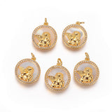 Brass Pendants, with Micro Pave Cubic Zirconia, Shell and Jump Rings, Flat Round with Angel, Clear, Golden, 17.5x15.5x2.5mm, Hole: 3mm, 5pc/Set