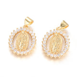 Brass Micro Pave Cubic Zirconia Pendants, Lady of Guadalupe Charms, Long-Lasting Plated, Oval with Virgin Mary, Golden, Clear, 20x15x2.5mm, Hole: 5x3mm, 5pcs/Set