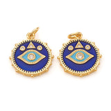 Brass Micro Pave Cubic Zirconia Pendants, with Jump Rings and Enamel, Flat Round with Evil Eye, Blue, Real 18K Gold Plated, 18.5x16x2mm, Jump Ring: 5x0.8mm, Hole: 3.5mm, 10pc/Set