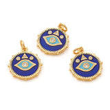 Brass Micro Pave Cubic Zirconia Pendants, with Jump Rings and Enamel, Flat Round with Evil Eye, Blue, Real 18K Gold Plated, 18.5x16x2mm, Jump Ring: 5x0.8mm, Hole: 3.5mm, 10pc/Set