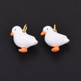 Rack Plating Brass Enamel Charms, with Jump Rings, Cadmium Free & Lead Free & Nickle Free, Real 18K Gold Plated, Duck, White, 11x13x7mm, Hole: 2.4mm, 10pc/Set