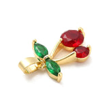 Brass Cubic Zirconia Pendants, with Glass Rhinestone, Cherry Charm, Real 18K Gold Plated, 16x14x3.5mm, Hole: 4.5x2.5mm, 5pc/Set