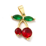 Brass Cubic Zirconia Pendants, with Glass Rhinestone, Cherry Charm, Real 18K Gold Plated, 16x14x3.5mm, Hole: 4.5x2.5mm, 5pc/Set