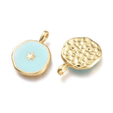 Brass Enamel Pendants, Flat Round with Star Pattern, Golden, Aquamarine, 18.5x13x2mm, Hole: 3.5x2mm, 10pc/Set