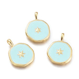 Brass Enamel Pendants, Flat Round with Star Pattern, Golden, Aquamarine, 18.5x13x2mm, Hole: 3.5x2mm, 10pc/Set