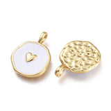 Brass Enamel Pendants, Flat Round with Heart, Golden, White, 20x13.5x2.5mm, Hole: 3.5x2mm, 10pc/Set