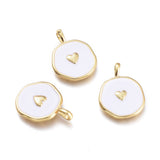 Brass Enamel Pendants, Flat Round with Heart, Golden, White, 20x13.5x2.5mm, Hole: 3.5x2mm, 10pc/Set