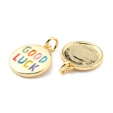 Brass Enamel Pendants, with Jump Ring, Long-Lasting Plated, Real 18K Gold Plated, Flat Round & Word GOOD LUCK, Colorful, 16x14x2mm, Jump Ring: 5x0.8mm, 3.4mm Inner Diameter, 10pc/Set