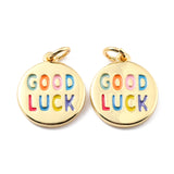 Brass Enamel Pendants, with Jump Ring, Long-Lasting Plated, Real 18K Gold Plated, Flat Round & Word GOOD LUCK, Colorful, 16x14x2mm, Jump Ring: 5x0.8mm, 3.4mm Inner Diameter, 10pc/Set