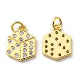 Brass with Cubic Zirconia Pendants, Long-Lasting Plated, Lead Free & Cadmium Free, Dice, Real 18K Gold Plated, 14.5x10.5x1.8mm, Hole: 3.5mm, 10pc/Set