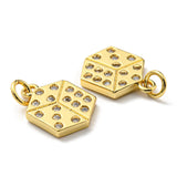 Brass with Cubic Zirconia Pendants, Long-Lasting Plated, Lead Free & Cadmium Free, Dice, Real 18K Gold Plated, 14.5x10.5x1.8mm, Hole: 3.5mm, 10pc/Set