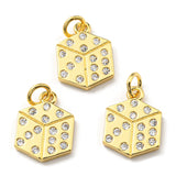 Brass with Cubic Zirconia Pendants, Long-Lasting Plated, Lead Free & Cadmium Free, Dice, Real 18K Gold Plated, 14.5x10.5x1.8mm, Hole: 3.5mm, 10pc/Set