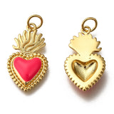 Golden Tone Brass Enamel Pendants, with Jump Rings, Long-Lasting Plated, Heart, Deep Pink, 22x12x3mm, Hole: 3.5mm, 10pc/Set