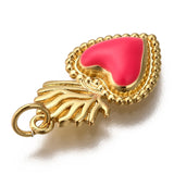 Golden Tone Brass Enamel Pendants, with Jump Rings, Long-Lasting Plated, Heart, Deep Pink, 22x12x3mm, Hole: 3.5mm, 10pc/Set