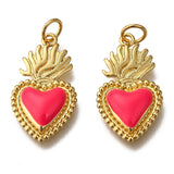 Golden Tone Brass Enamel Pendants, with Jump Rings, Long-Lasting Plated, Heart, Deep Pink, 22x12x3mm, Hole: 3.5mm, 10pc/Set