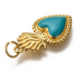 Golden Tone Brass Enamel Pendants, with Jump Rings, Long-Lasting Plated, Heart, Dark Cyan, 22x12x3mm, Hole: 3.5mm, 10pc/Set