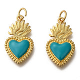 Golden Tone Brass Enamel Pendants, with Jump Rings, Long-Lasting Plated, Heart, Dark Cyan, 22x12x3mm, Hole: 3.5mm, 10pc/Set