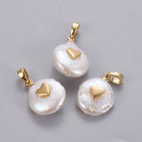 Natural Cultured Freshwater Pearl Pendants, with Brass Findings, Nuggets with Heart, Long-Lasting Plated, Golden, 15~27x11~16x6~12mm, Hole: 4x2.5mm, 5pc/Set