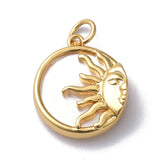 Natural Shell Pendants, with Brass Findings & Jump Ring, Long-Lasting Plated, Flat Round with Sun, Real 18K Gold Plated, 18x15.5x4mm, Jump Ring: 5x1mm, 3mm Inner Diameter, 10pc/Set