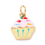 Real 18K Gold Plated Brass Charms, with Enamel and Jump Rings, Long-Lasting Plated, Cup Cake, Pink, 14.5x12x3mm, Jump Ring: 5x1mm, 3mm Inner Diameter, 10pc/Set