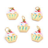 Real 18K Gold Plated Brass Charms, with Enamel and Jump Rings, Long-Lasting Plated, Cup Cake, Pink, 14.5x12x3mm, Jump Ring: 5x1mm, 3mm Inner Diameter, 10pc/Set