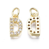 Brass Micro Pave Clear Cubic Zirconia Charms, with Jump Rings, Real 18K Gold Plated, Cadmium Free & Nickel Free & Lead Free, Alphabet, Letter A~Z, 11~12x5.5~9x2.5mm, Hole: 3mm