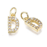 Brass Micro Pave Clear Cubic Zirconia Charms, with Jump Rings, Real 18K Gold Plated, Cadmium Free & Nickel Free & Lead Free, Alphabet, Letter A~Z, 11~12x5.5~9x2.5mm, Hole: 3mm