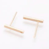 Brass Stud Earring Findings, with Loop, Rectangle, Real 18K Gold Plated, 12.5x1.5x1.5mm, Hole: 0.8mm, Pin: 0.8mm, 10pcs/Set