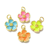 Rack Plating Brass Enamel Charms, Lead Free & Cadmium Free, with Jump RIng, Real 18K Gold Plated, Long-Lasting Plated, Flower Charm, Mixed Color, 15x13x3.5mm, 10pc/Set