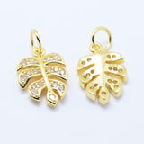 Brass Micro Pave Cubic Zirconia Charms, Tropical Leaf Charms, Monstera Leaf, Lead Free & Nickel Free & Cadmium Free, Golden, 14x9.5x2mm, Hole: 3mm, 10pc/Set