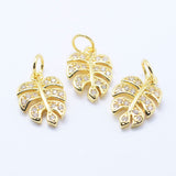 Brass Micro Pave Cubic Zirconia Charms, Tropical Leaf Charms, Monstera Leaf, Lead Free & Nickel Free & Cadmium Free, Golden, 14x9.5x2mm, Hole: 3mm, 10pc/Set