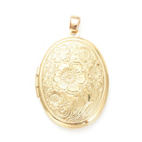 Brass Locket Pendants, Photo Frame Pendants for Necklaces, Long-Lasting Plated, Oval with Flower, Real 18K Gold Plated, 33.5x23.5x6mm, Hole: 4x3mm, 23x16mm Inner Diameter, 10pc/Set