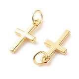 Brass Pendants, with Jump Ring, Cadmium Free & Lead Free, Cross, Real 18K Gold Plated, 15x8x1.5mm, Hole: 3.5mm, 10pc/Set