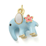 Elephant Rack Plating Brass Enamel Pendants, with Jump Ring, Long-Lasting Plated, Cadmium Free & Lead Free, Real 18K Gold Plated, Light Blue, 15x14.5x9.5mm, Hole: 3.8mm, 10pc/Set