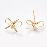 Brass Stud Earring Findings, with Loop, Bowknot, Nickel Free, Real 18K Gold Plated, 8~10x15mm, Hole: 1mm, Pin: 0.7mm, 50pc/Set