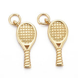 Brass Pendants, Sports Charms, Long-Lasting Plated, with Jump Rings, Tennis Racket, Real 18k Gold Plated, 17x8x2mm, Jump Ring: 5x0.7mm, Inner Diameter: 3.5mm, 20pc/Set