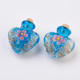 Handmade Luminous Lampwork  Perfume Bottle Pendants, Essential Oil Bottle, with Gold Sand, Heart with Flower, Mixed Color, 31.5~32.5mm, Hole: 4.5~5.5mm, Bottle Capacity: 0.5~1ml(0.017~0.03 fl. oz), 5pc/Set