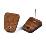 Walnut Wood Stud Earring Findings, with Hole and 304 Stainless Steel Pin, Trapezoid, Peru, 14x12mm, Hole: 1.8mm, Pin: 0.7mm, 20Pair/Set