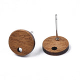 Walnut Wood Stud Earring Findings, with 304 Stainless Steel Pin, Flat Round, 10mm, Hole: 2mm, Pin: 0.7mm, 50pc/Set