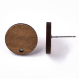 Walnut Wood Stud Earring Findings, with 304 Stainless Steel Pin, Flat Round, Coconut Brown, 15mm, Hole: 1.8mm, Pin: 0.7mm, 20Pair/Set