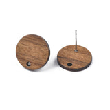 Walnut Wood Stud Earring Findings, with 304 Stainless Steel Pin, Flat Round, Coconut Brown, 15mm, Hole: 1.8mm, Pin: 0.7mm, 20Pair/Set